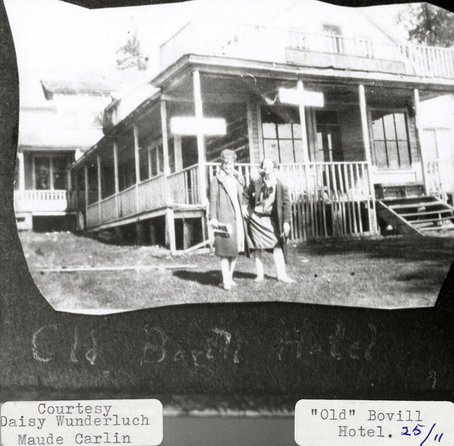 View of the 'Old' Bovill Hotel. Two women can be seen standing in front of the hotel.