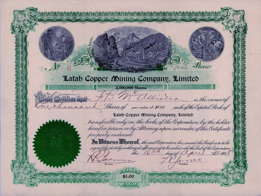 Stock certificate for the Latah Copper Mining Company, Limited from 1908.