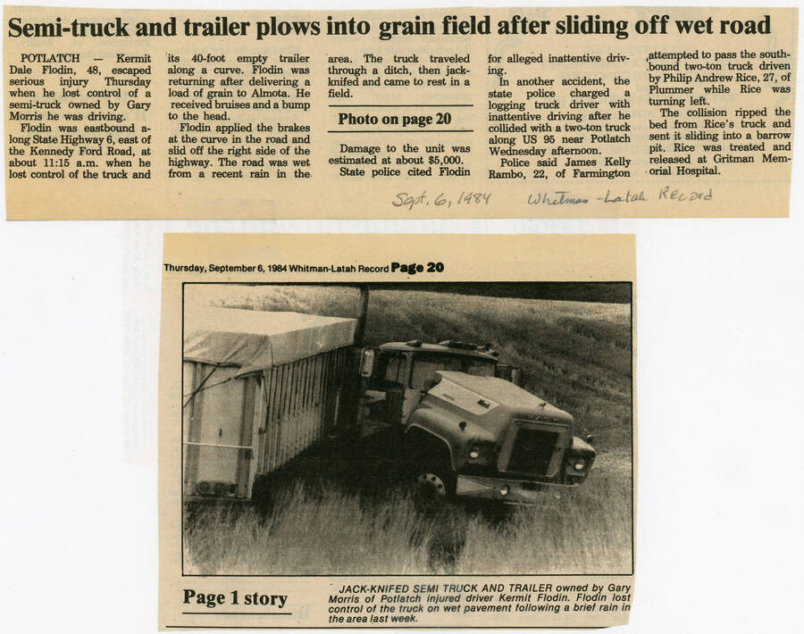 A newspaper article from a 1984 Whitman-Latah Record about a semi-truck accident.