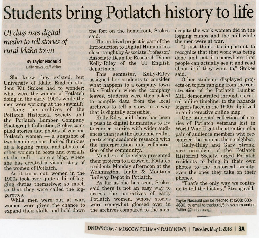 A newspaper article originally published in the Moscow-Pullman Daily News. The article is about a collaboration between the Potlatch Historical Society and Diane Kelly-Riley's digital humanities class at the University of Idaho in which Kit Stokes and other students in the class used PHS records to tell stories about Potlatch history in new ways. The class culminated in a social event at the WI&M Depot during which the students presented their work to Potlatch community members.