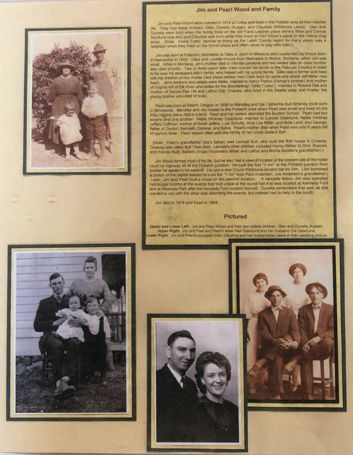 An informational poster on the Jim and Pearl Wood family, originally published as part of the Lone Jack Mystery Family Contest.