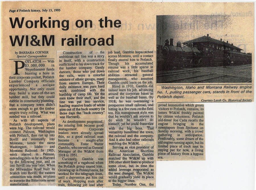 A newspaper article by Barb Coyner, originally published in an unknown newspaper, about the construction of the WI&M railroad.