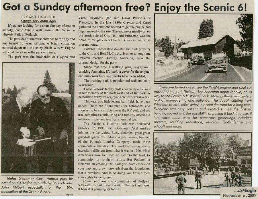 A newspaper article from the Latah Eagle about the Scenic 6 Historic Park in Potlatch.