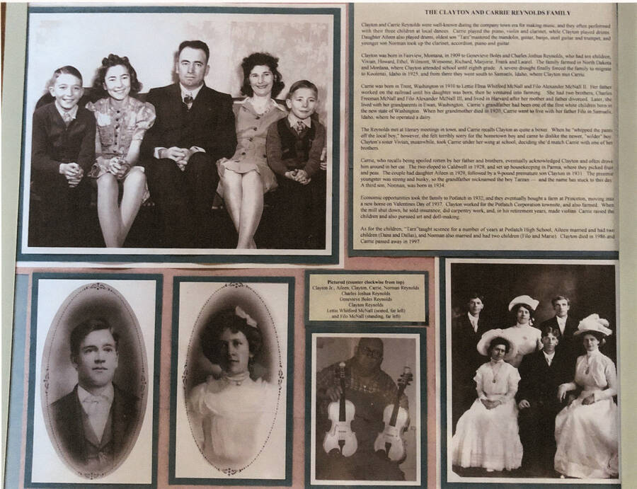 An informational poster on the Clayton and Carrie Reynolds family, originally published as part of the Lone Jack Mystery Family Contest.