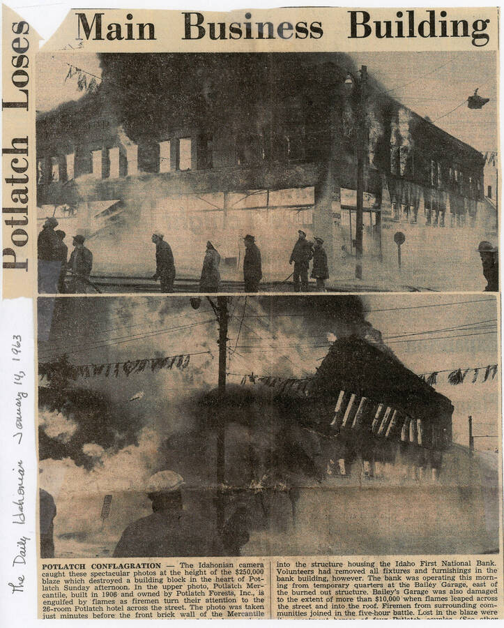 A clipping from the January 14, 1963 Daily Idahonian newspaper depicting the loss of the Potlatch Mercantile by fire in 1963.
