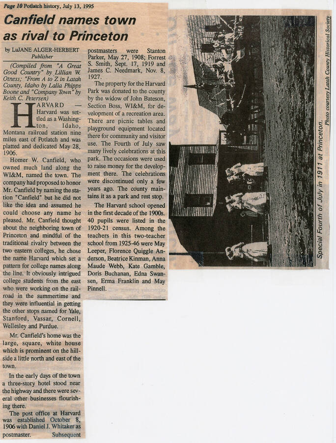A newspaper article about the towns of Harvard and Princeton, Idaho.