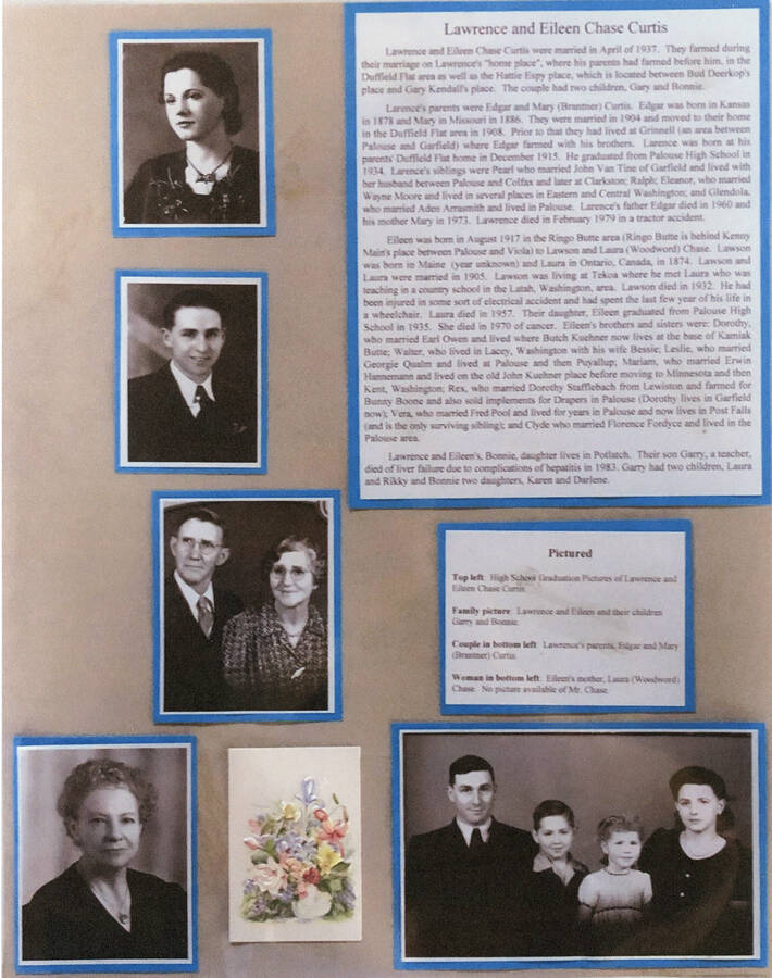 An informational poster on the Lawrence and Eileen Chase Curtis family, originally published as part of the Lone Jack Mystery Family Contest.