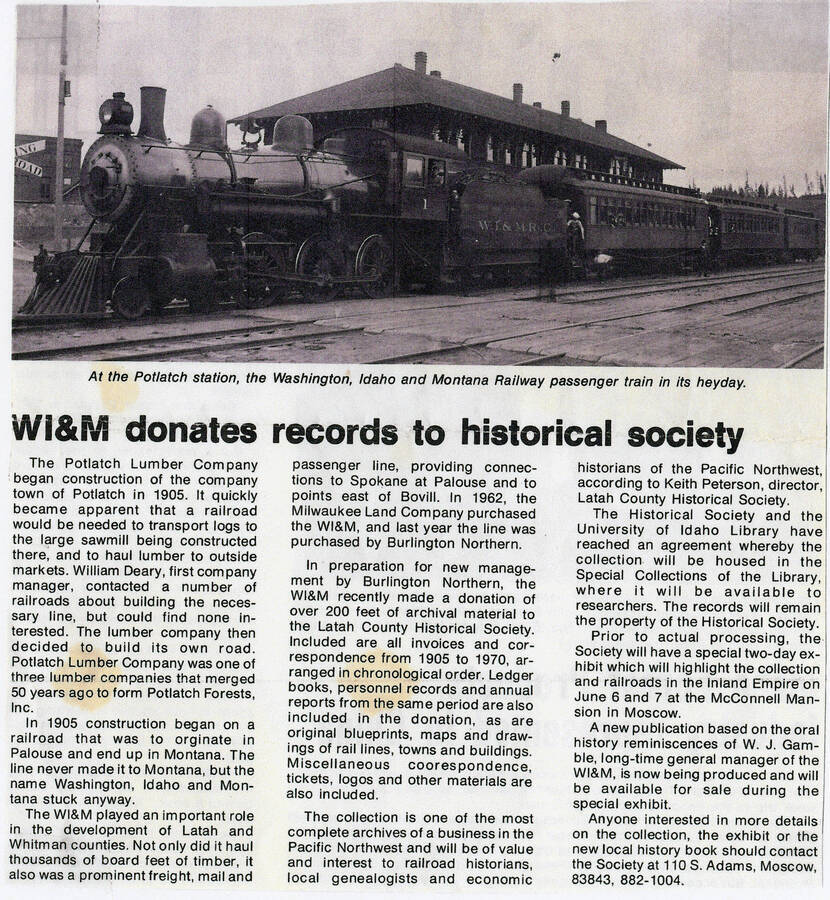A clipping from an unknown newspaper about the donation of the records of the Washington, Idaho & Montana Railway to the Latah County Historical Society.