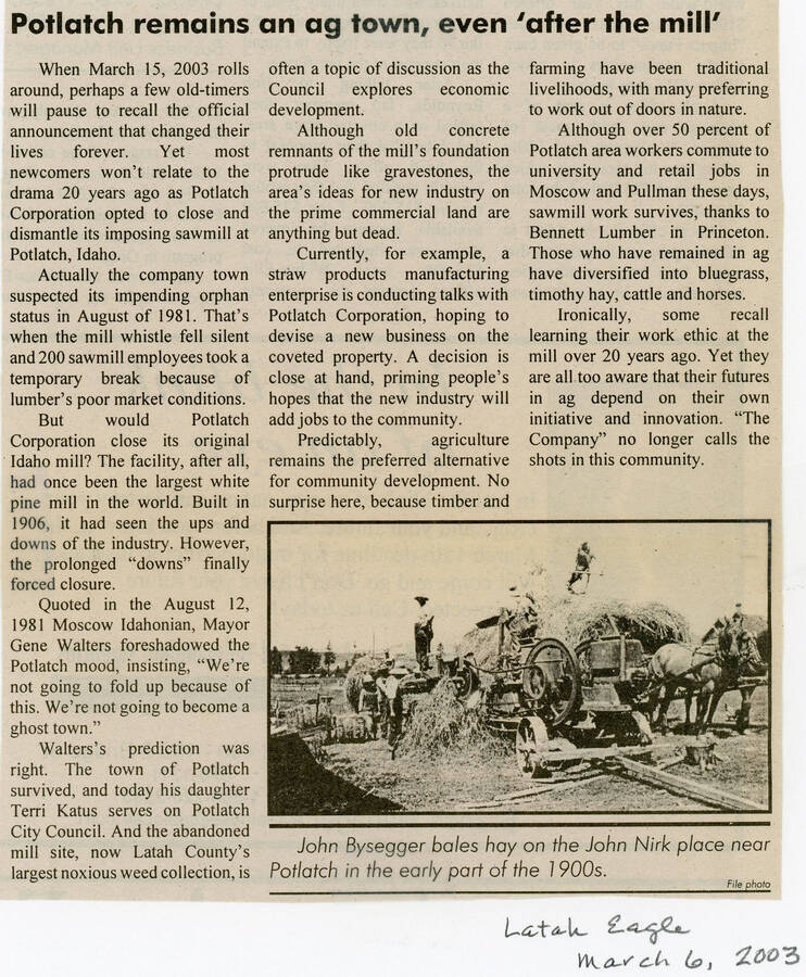A newspaper article from the Latah Eagle looking back on how the closure of the Potlatch mill affected the town.