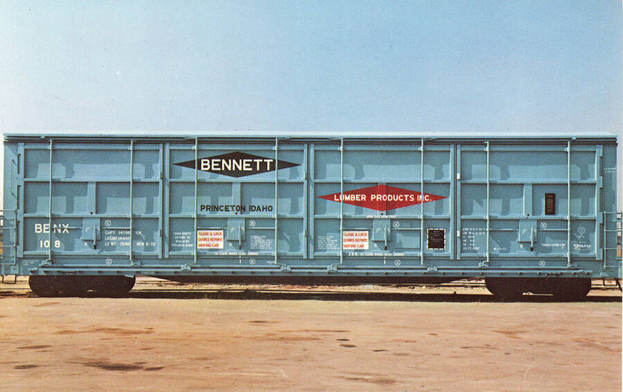 Postcard of the BENX Rail Car at Bennett Lumber Products, Inc. at the WI&M Historic Depot in Potlatch, Idaho.