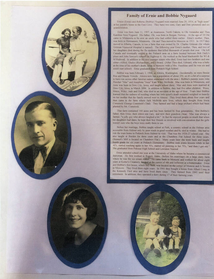 An informational poster on the Ernie and Bobbie Nygaard family, originally published as part of the Lone Jack Mystery Family Contest.