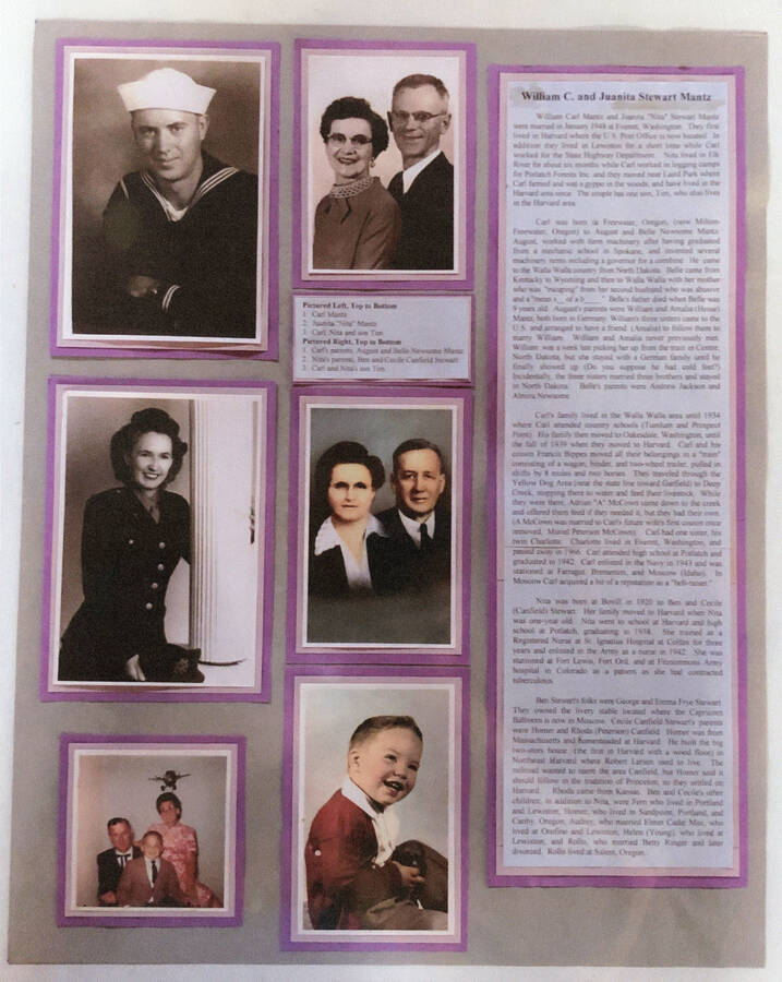 An informational poster on the William C. and Juanita Stewart Mantz family, originally published as part of the Lone Jack Mystery Family Contest.