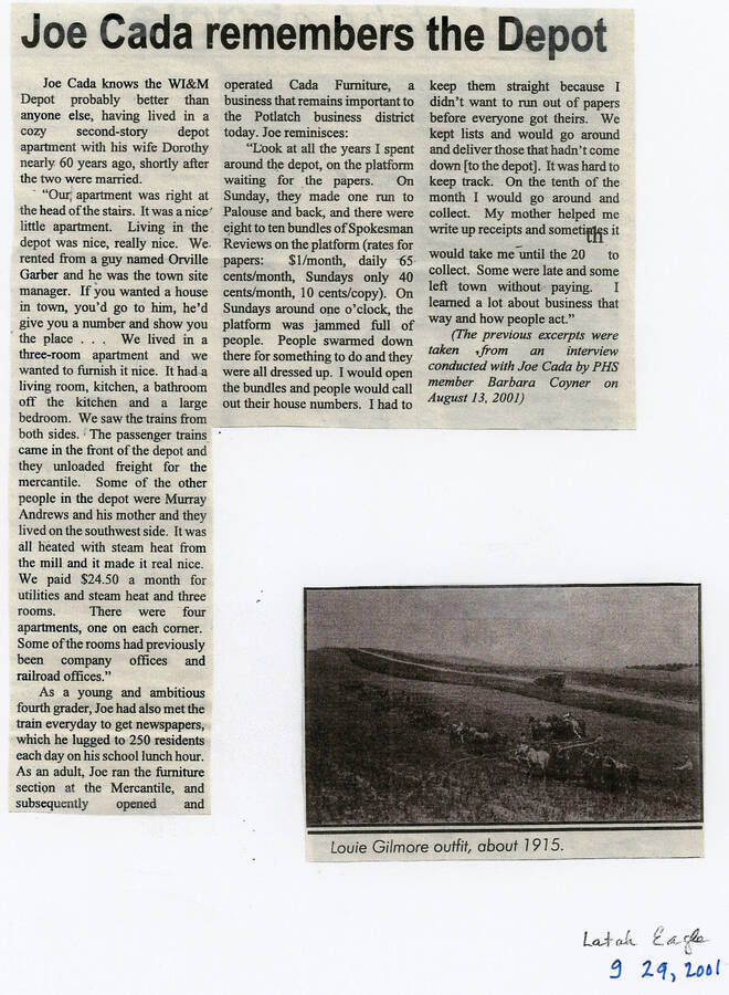A newspaper article, originally published in the Latah Eagle, in which Joe Cada remembers the Depot.