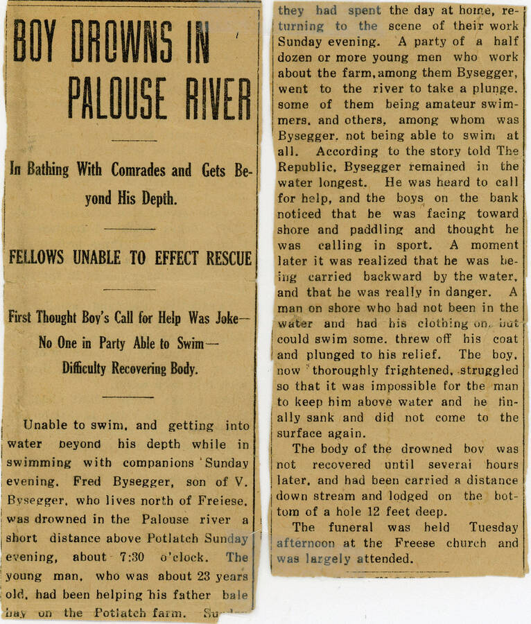 A newspaper about Fred Bysegger's drowning in the Palose River in 1922.