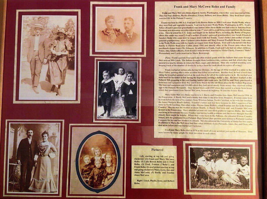 An informational poster on the Frank and Mary McCown Rohn family, originally published as part of the Lone Jack Mystery Family Contest.