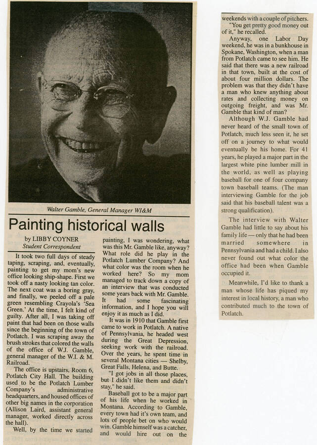 A newspaper article by Libby Coyner about repainting the office of former WI&M General Manager Walter Gamble. This newspaper article was donated to the collection by the Potlatch Historical Society and original source information is not available.