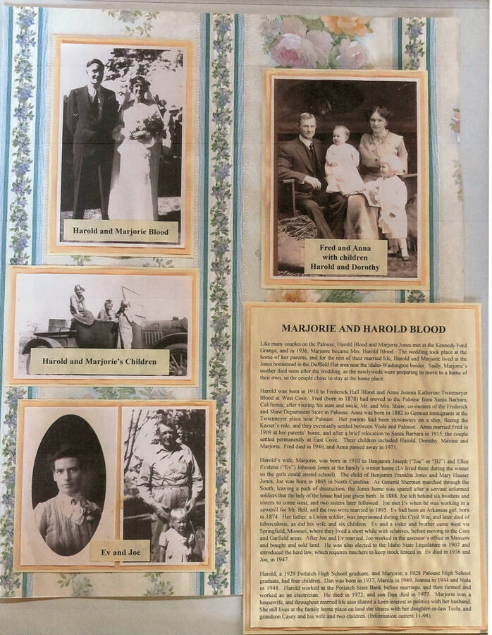 An informational poster on the Marjorie and Harold Blood family, originally published as part of the Lone Jack Mystery Family Contest.
