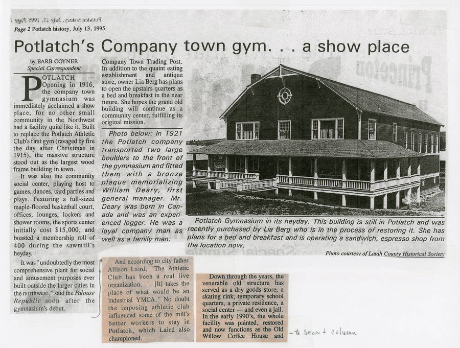 A newspaper article by Barb Coyner from an unidentified newspaper. The article is about the history of the Potlatch Gymnasium, which was originally built in 1916.