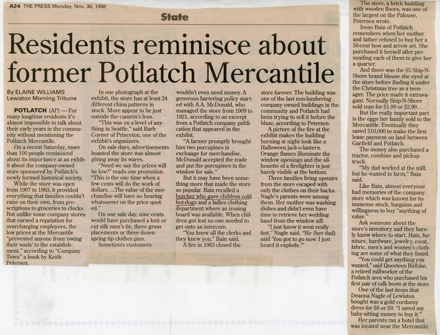 A newspaper article originally published in the Lewiston Morning Tribune with remembrances about the Potlatch Mercantile.