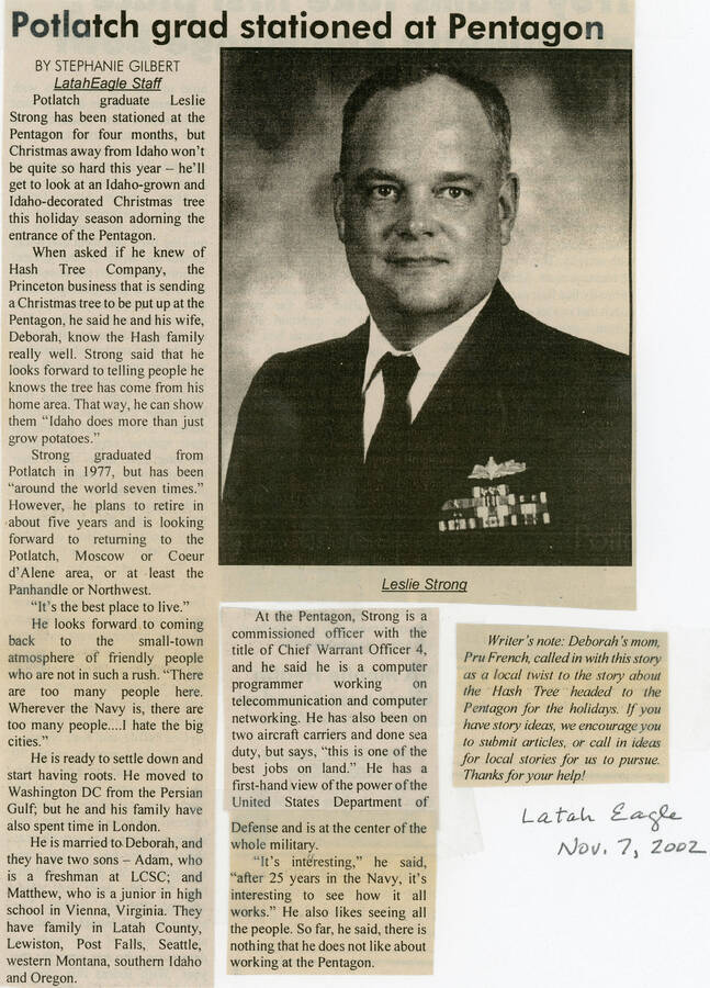 A newspaper article from the Latah Eagle about Potlatch High School graduate Leslie Strong being stationed at the Pentagon for four months in 2002.