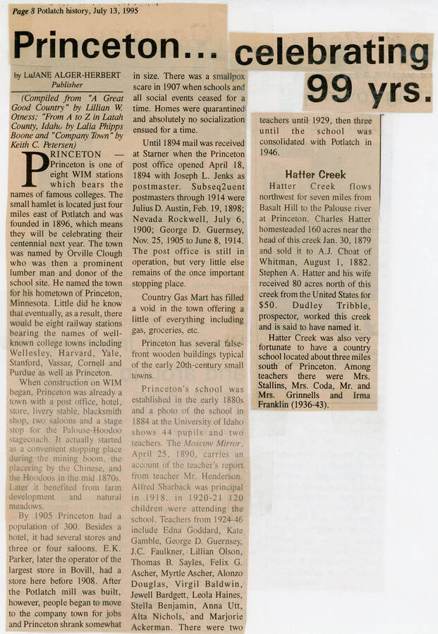A newspaper article commemorating the 99th anniversarry of the town of Princeton.