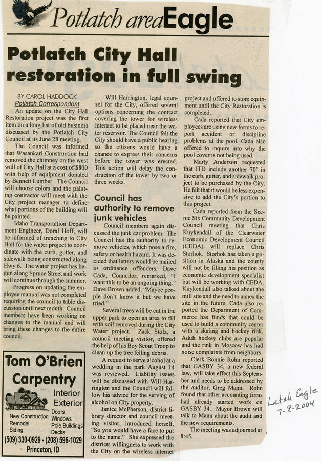 A newspaper article about the restoration of Potlatch City Hall.