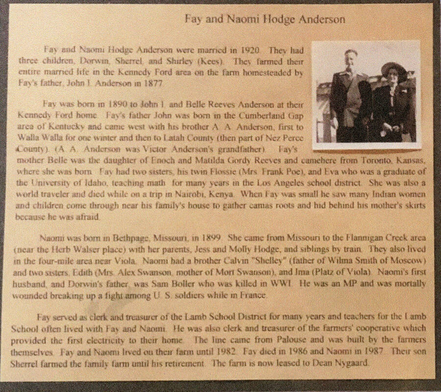 A close-up of an informational poster on the Fay and Naomi Holdge Anderson family, originally published as part of the Lone Jack Mystery Family Contest.