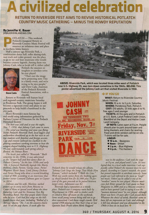 A newspaper article about the Return to Riverside Music Festival, a revival of the festivities that used to occur at Riverside Park in Potlatch.