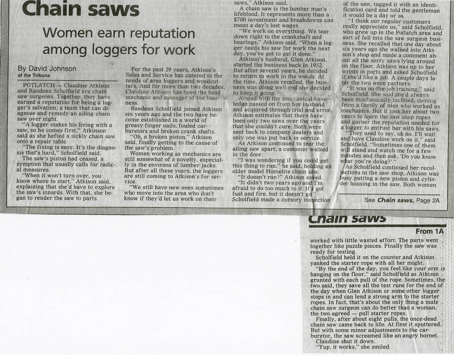 A news article that describes the work that Claudine Atkinson and Raedean Scholfield do in their women-owned chainsaw repair business.