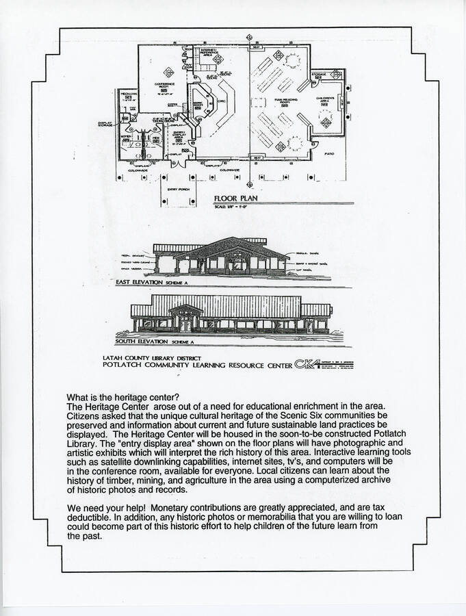 An informational flyer on the creation of the Potlatch Heritage Center, to be located in the Potlatch Library.