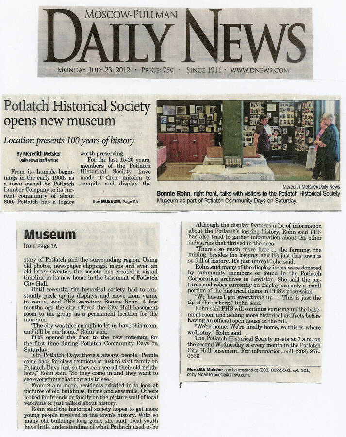 A newspaper article originally published in the Moscow-Pullman Daily News. It describes the opening of a new museum in the basement of Potlatch City Hall in 2012.