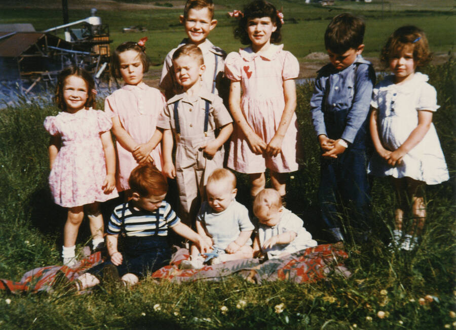 Children in the Elmore Church area. Left to right: Sharon Brandt. Laurel Strong, Gary Strong, Allen Strong, Phyllis Strong, Clay Brown, Anna Lou Bysegger. Front Row: Wendell Krasselt, Wayne Krasselt, Nancy Brandt.