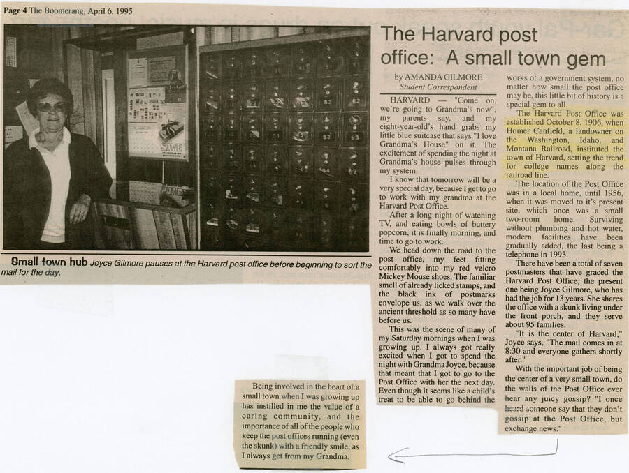 A newspaper article by student correspondent Amanda Gilmore about the history of the Harvard post office.