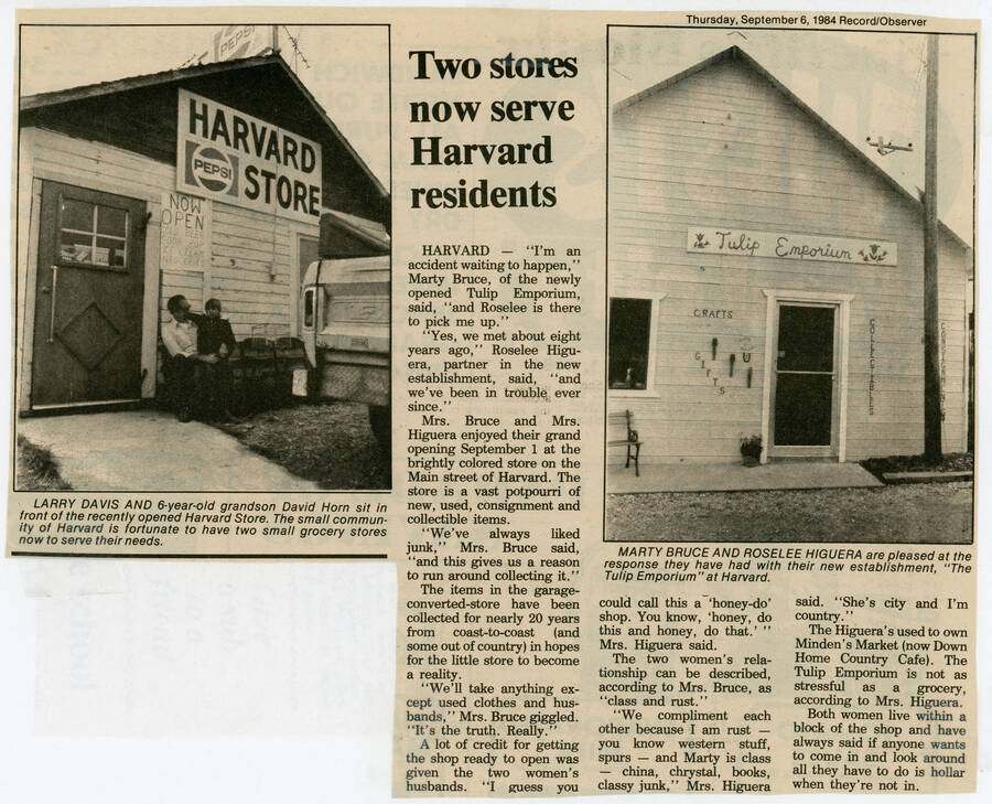 A 1984 newspaper article about the Harvard Store and Tulip Emporium, opened and managed by Marty Bruce and Roselee Higuera.