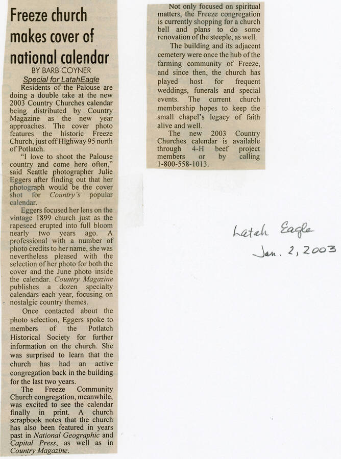 A newspaper article from the June 2, 2003 Latah Eagle about the Freeze church making the cover of the 2003 Country Churches calendar distributed by County Magazine.
