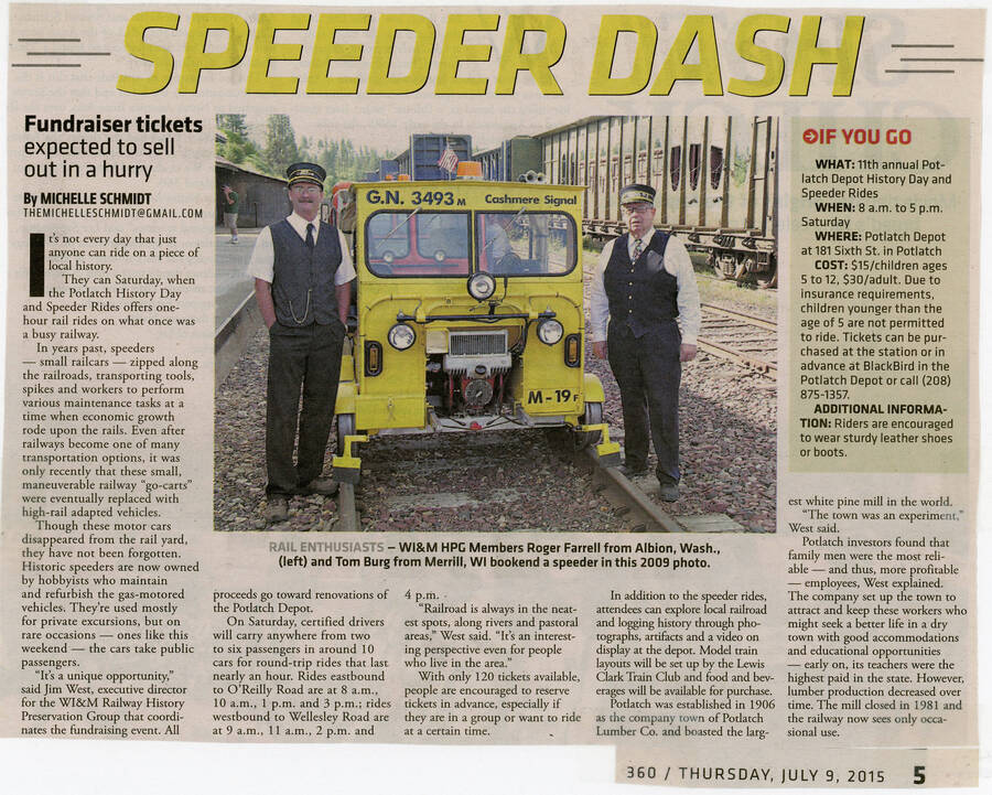 A newspaper article about a fundraiser put on between Potlatch History Day and Speeder Rides.