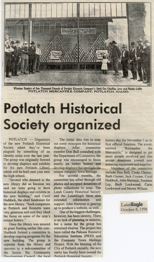 A newspaper clipping from the October 8, 1998 Latah Eagle of an article detailing the organization of the Potlatch Historical Society.