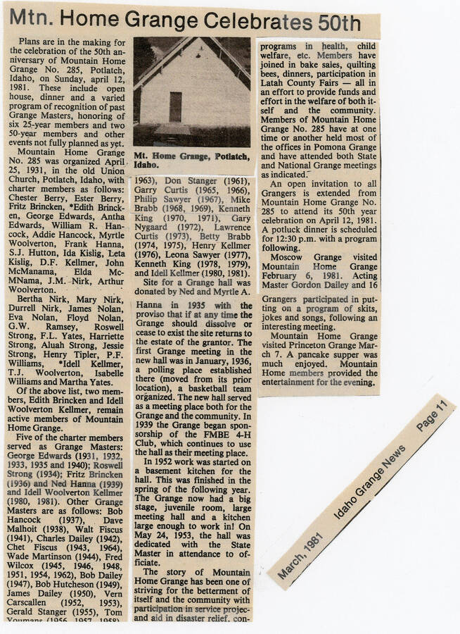 A newspaper clipping from the March 1981 issue of the Idaho Grange News about the 50th anniversary of the Mountain Home Grange.