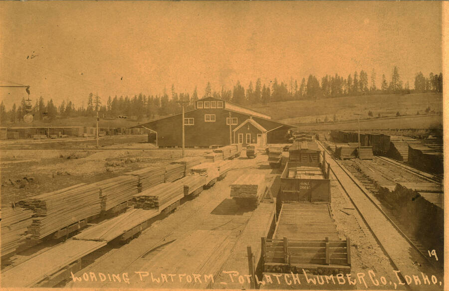 Postcard view of the loading platform at the Potlatch Mill.
