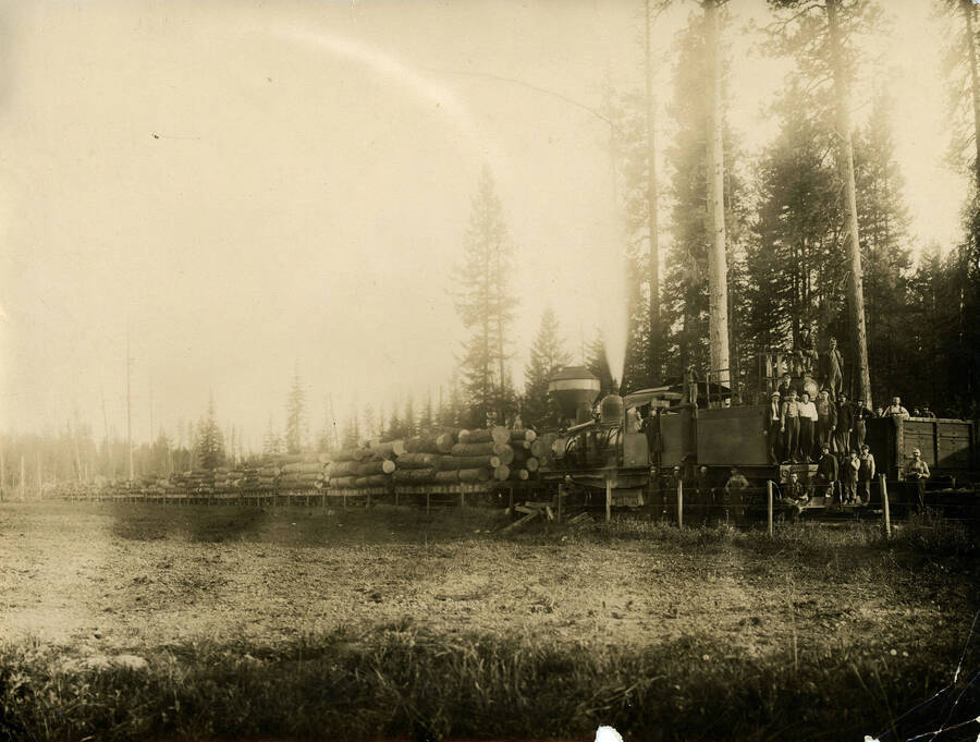 Photograph of Log Train with Men in the Woods.