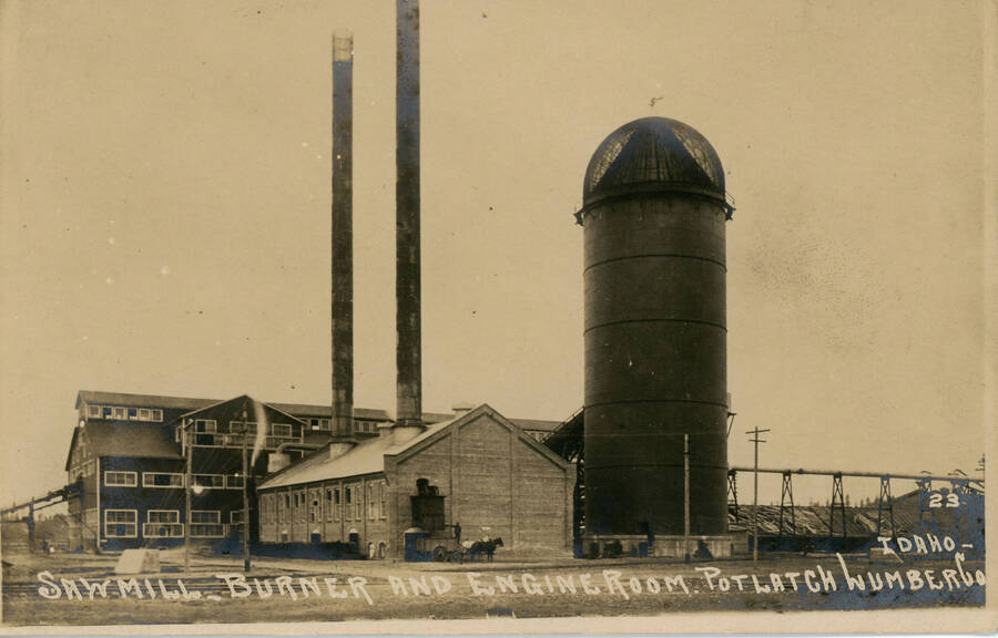 Postcard view of the burner and engine room at the Potlatch Mill.