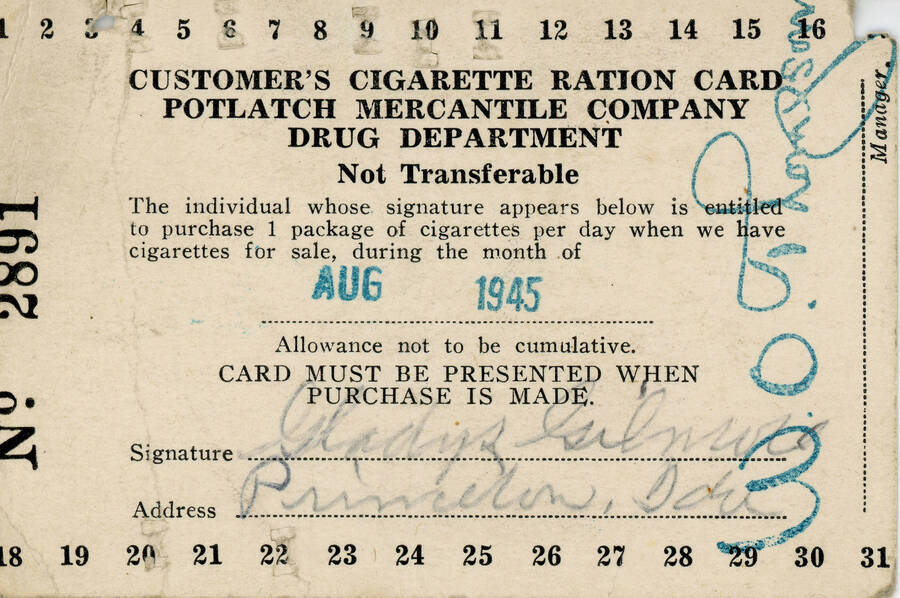 Cigarette ration card from the Potlatch Mercantile Company Drug Department.