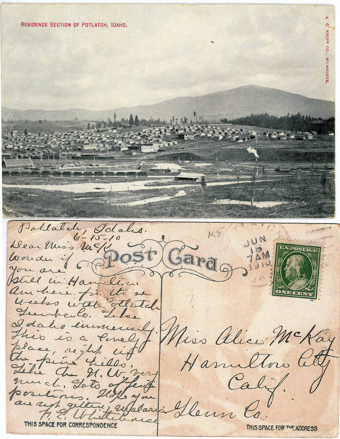 Postcard of the Residence Section of Potlatch, Idaho, with written message.