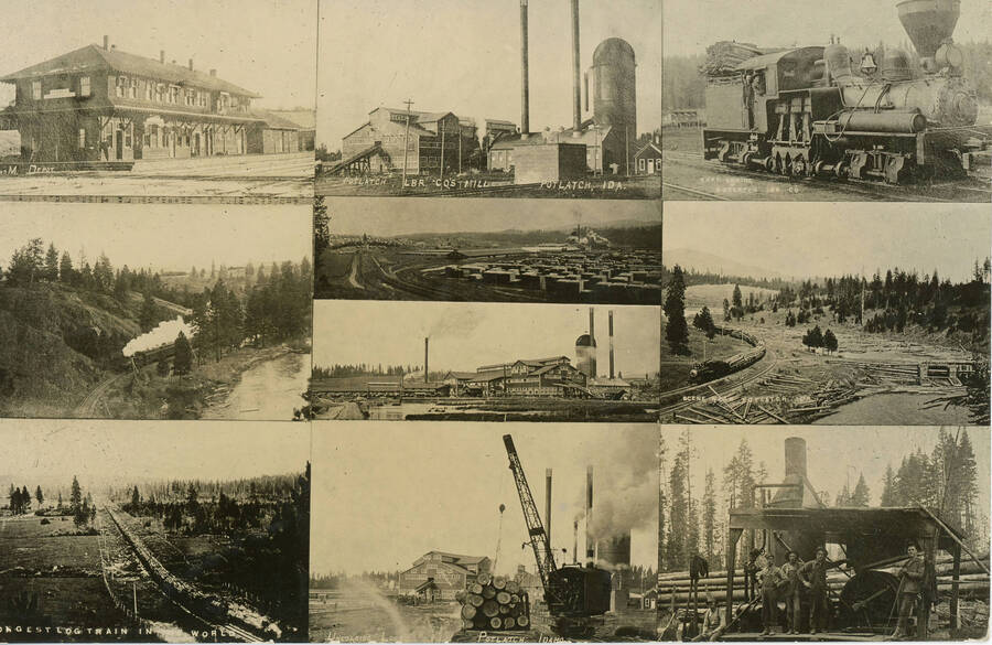Postcard composite of Potlatch Lumber Company scenes.