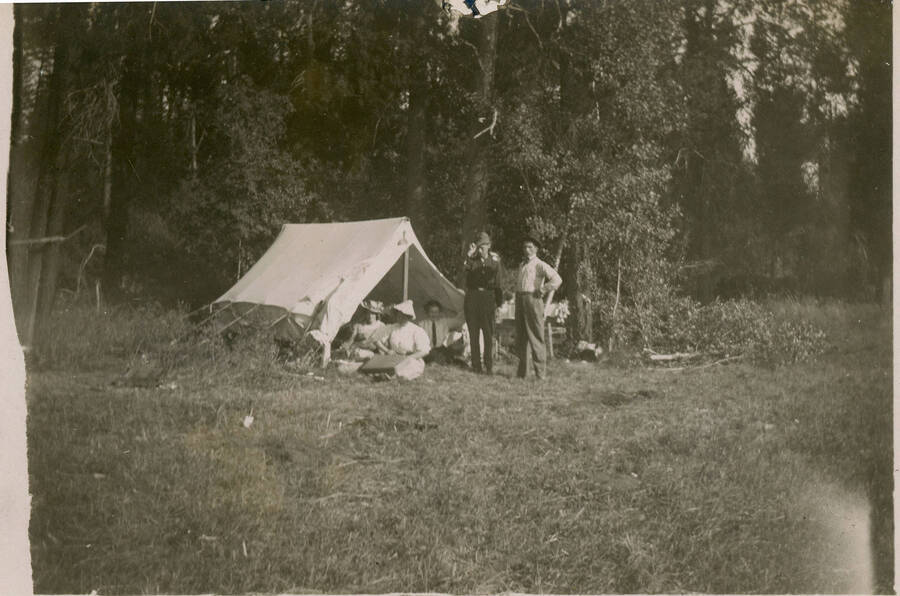 Postcard of picnic and camp at Harvard.