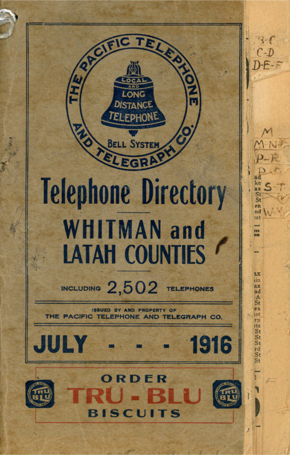 Potlatch pages of the Whitman and Latah County Telephone Directory for 1916.