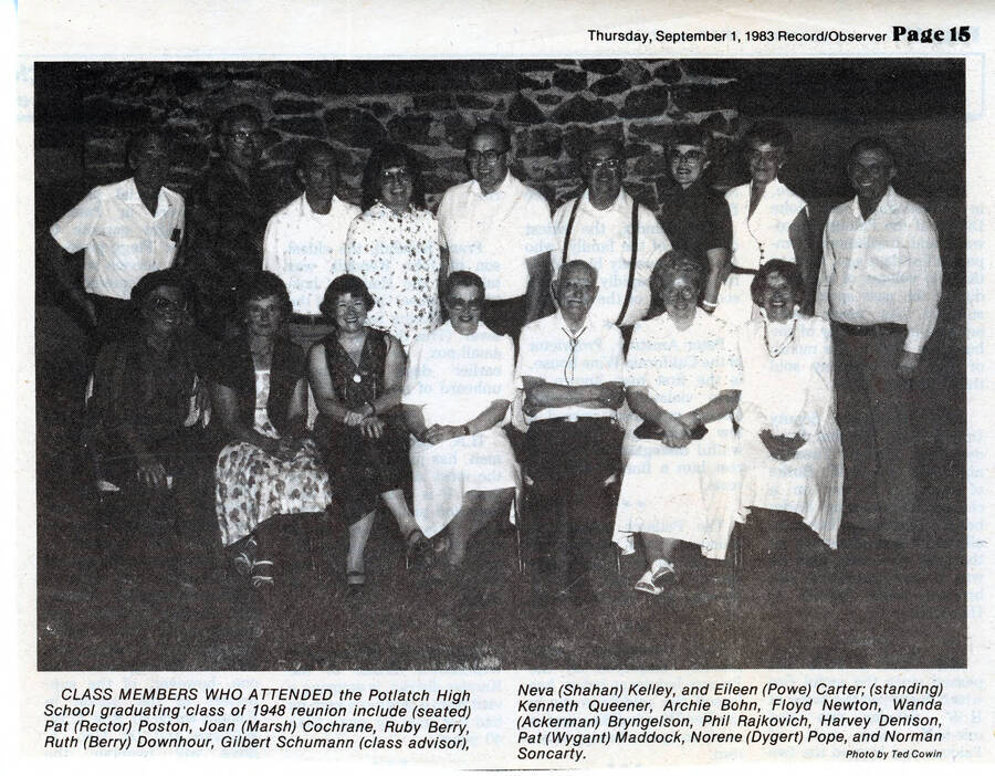 News clipping of the Potlatch High School Class of 1948 at the 1983 Reunion.