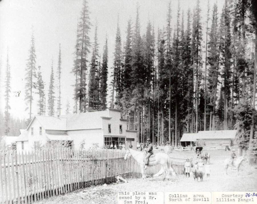 View of a place that was owned by Mr. Sam Frei. The place was located in the Collins area, which is north of Bovill, Idaho. Children, dogs, and men on horses can be seen standing around outside the building. A group of trees can also be seen behind the buildings.