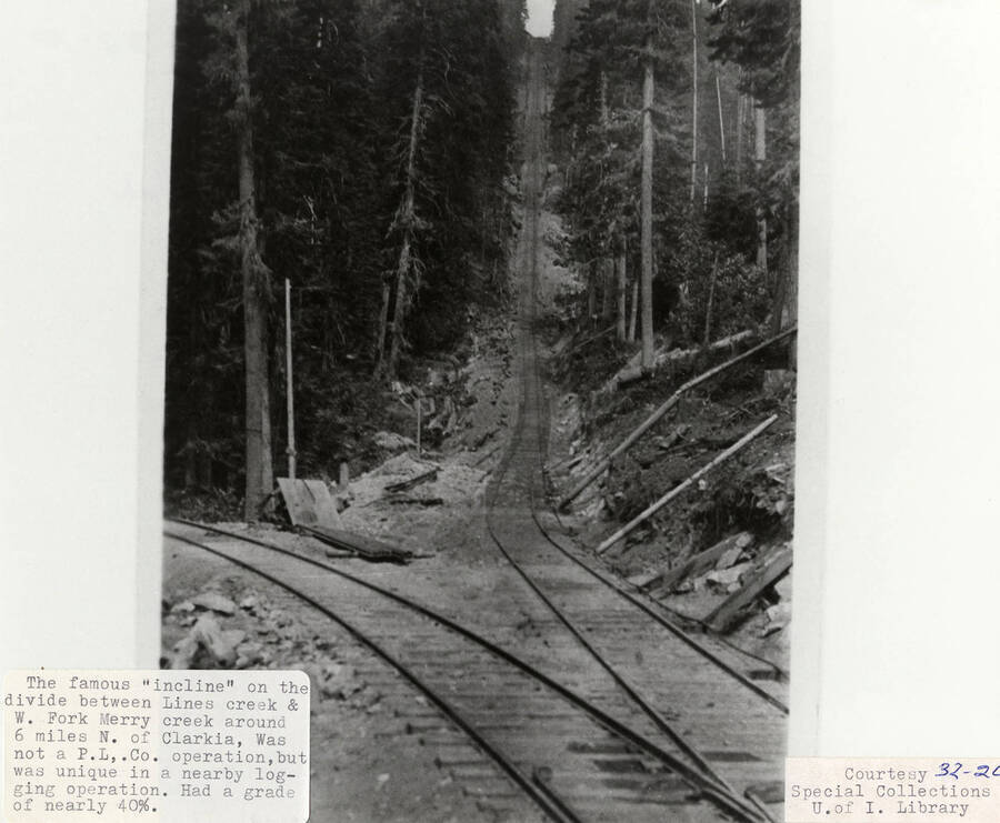 View of the famous 'incline' on the divide between Lines Creek and W. Fork Merry Creek. It had a grade of nearly 40%.