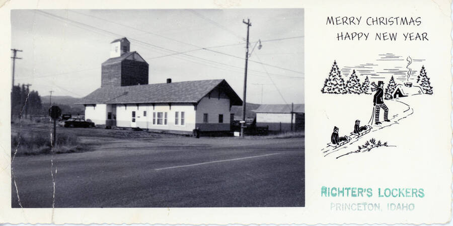 Christmas card with photograph of Richter's Lockers in Princeton.
